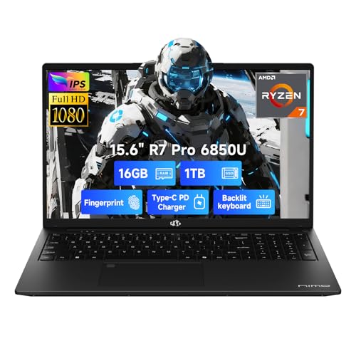 NIMO 15.6" Light-Gaming-Laptop, 8 Cores AMD Ryzen 7 Pro 6850U 16GB LPDDR5 RAM 1TB SSD (Beat i7-1360P Up to 4.7GHz) AMD Radeon 680M GPU IPS FHD Computer with 100W Type-C Backlit Keyboard Fingerprint