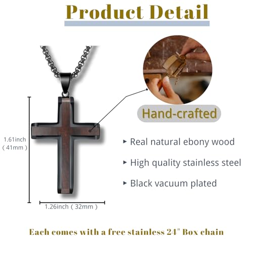 Wooden Cross Necklace for Men, Hand Polished Ebony Inset In Black Stainless Steel Christian Mens Cross Pendant Wood, 24" Round Box Chain2