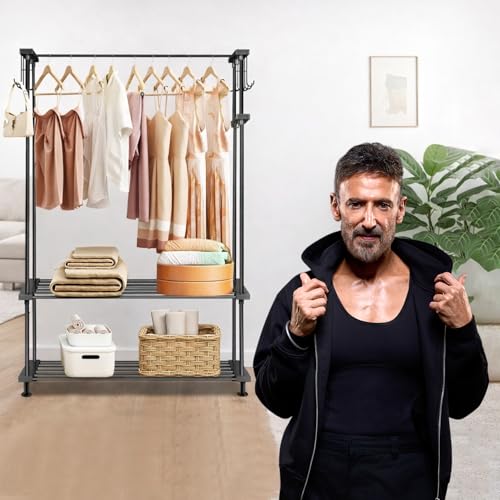 Image of ADA Premium High Density Drizzle Metal Garment Rack with 10 Side Hooks and 2 Lower Shelves | Heavy Duty Multifunctional Clothes Rack - Black (83 x 30 x 137cm)