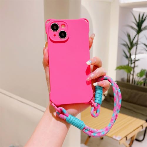 Coque iPhone 15 cordon lanière chaîne bracelet silicone rose