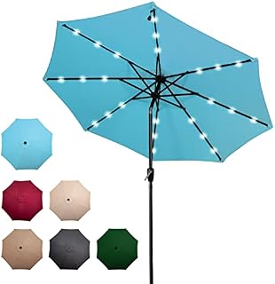CAMORSA 2.7M Garden Parasol with Solar-Powered LED Lights, Patio Umbrella with 8 Sturdy Ribs, Outdoor Sunshade Canopy with Crank and Tilt Mechanism UV Protection for Deck, Patio and Balcony (Sky Blue)
