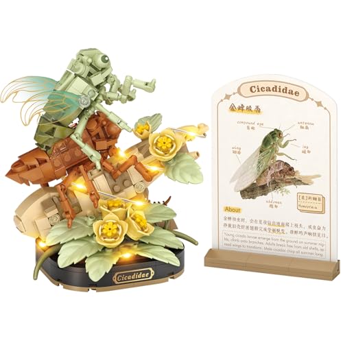 MEIEST Ensemble de blocs de construction de fleurs d'insectes, jouet coloré avec une carte de vulgarisation scientifique, décoration créative de la maison (Cigale)