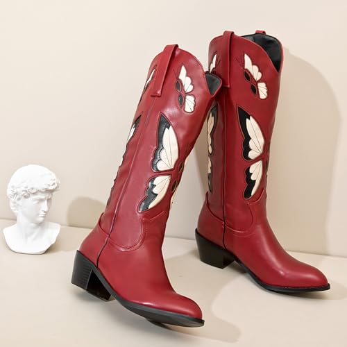 WONDERWAY Women Embroidery Cowboy Boots Pointy Toe with Chunky Heel boots Western Knee High Classic Retro Country Boots Shoes2