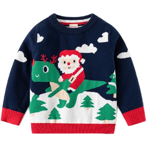 Fandecie Jersey Navideño Niño Niña,Cuello Redondo, Suéter de Punto con Reno Puro, Papá Noel Algodón 2-7 Años