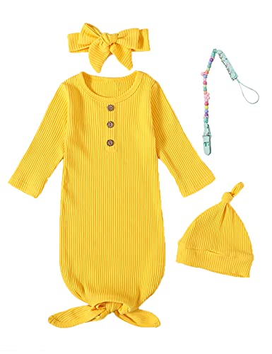 Image of MoryGooder Newborn Cotton Nightgowns Neutral Baby Knotted Sleeper Baby Coming Home Outfit