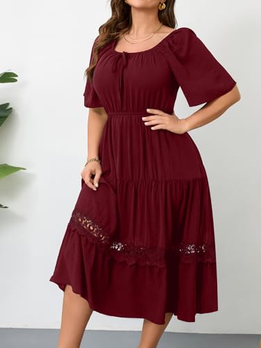 Image of RWJ Women's Plus Size Maxi Dress Short Sleeve Square Neck Flowy A-Line Lace Trim Flutter Party Casual Off Shoulder Dresses