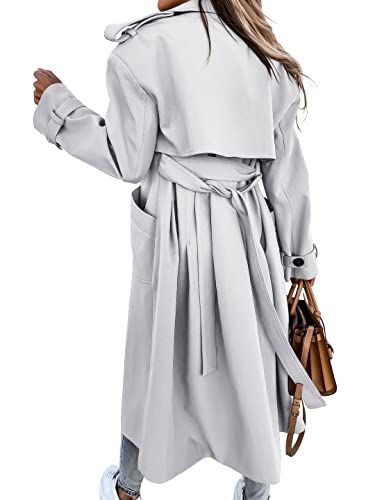 Fisoew Women's Double Breasted Long Trench Coat Windproof Classic Lapel Belted Overcoat With Pockets #TOP3