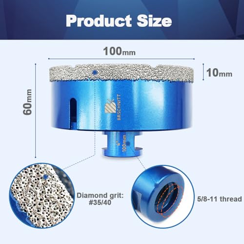 4 Inch Diamond Core Drill Bit for Porcelain Tile Ceramic Marble Granite Drilling,BRSCHNITT 1pc Vacuum Brazed Diamond Hole Saw with 5/8-11 Thread (100mm)&Adapter — view 2