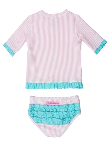 RuffleButts Baby/Toddler Girls UPF50+ Sun Protection Seersucker Short Sleeve Ruffle Rash Guard Bikini - Pink, 2T2
