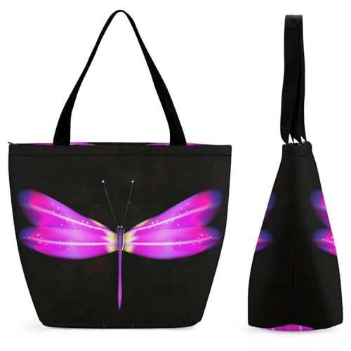 Sac à main femme libellule violette grand sac bandoulière cabas shopping voyage tissu