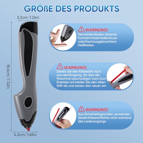 Kabellose Heißklebepistole mit Akku - 6S Schnellvorheizen & Automatischer Tropfschutz, Inkl. 6 Farbigen Bastel-Heißklebestiften (185mm) für Handwerk und Dekoration