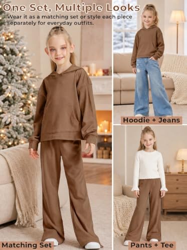 Image of Girls 2 Piece Hoodie Bell Bottom Sweatsuit Fall Outfit Set | Long Sleeve,front pocket,side-slit flare,machine washable,soft rayon-blend,skin-friendly,stretchy,durable