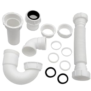 White 1 1/4″ and 1-1/2″ PVC P-Trap Plumbing Kit with Threaded Adapter, J-Bend for Restroom Sink Kitchen Sink Drain Pipe, Flexible Extension Tube Drain Tailpiece