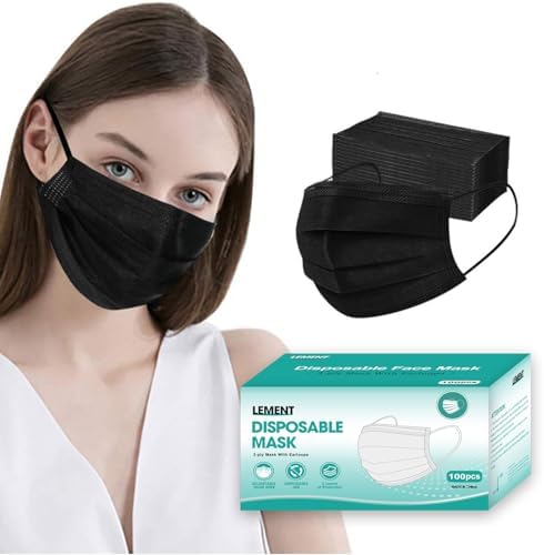 LEMENT 100 Pcs Disposable Face Masks,3 Ply Face Masks Black Disposable Mask