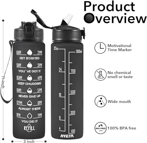 Image of TEKCOOL Motivational 1L Capacity Black Plastic Bottle with Straw | Leakproof, Durable, BPA-Free | Ideal for School /College /Office /Travel, Sports /Outdoor Activities
