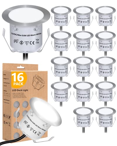 HIBOITEC Recessed LED Deck Light Kits(16 Pack) 12V Low Voltage Landscape Lighting IP67 Waterproof...