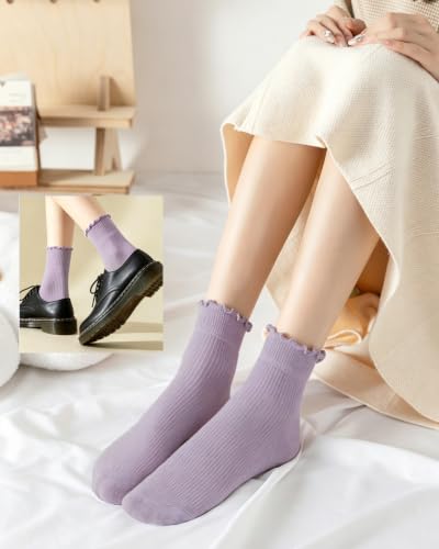 Image of DQCUTE Women's Ruffled Ankle Boot Socks - Soft Knit Cotton Lettuce Trim Crew Socks for Teen Women 6 Pairs