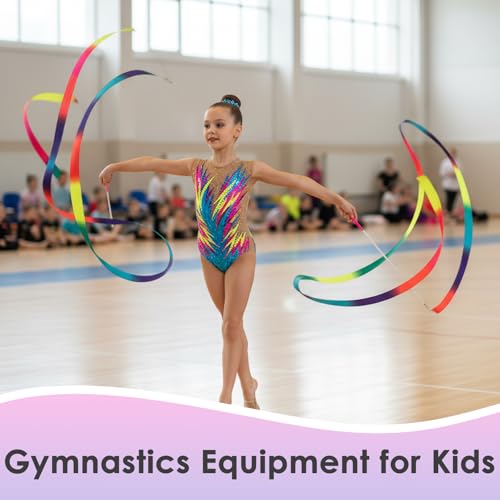 Image of YGEOMER 2Pcs Dance Ribbons for Kids, Neon Rainbow Gradient Gymnastics Ribbon Wands, Ballet Party Favors for Girls, Birthday Performance Props
