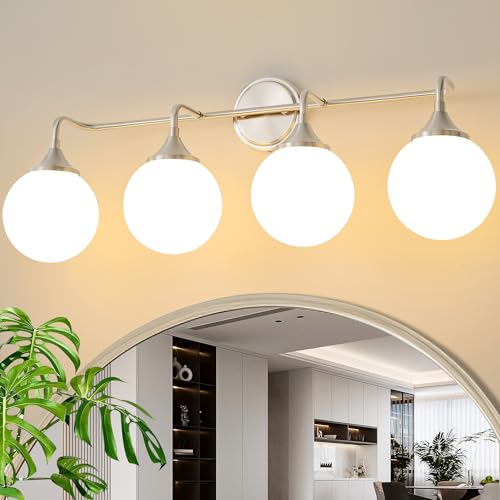 Ritakcdn Brushed Nickel Vanity Lights Fixtures, 4-Light Bathroom Vanity Lighting Over Mirror, Modern Bathroom Wall Sconces with Milky White Glass Ball Shades by Ritakcdn - Used condition - US$95.44