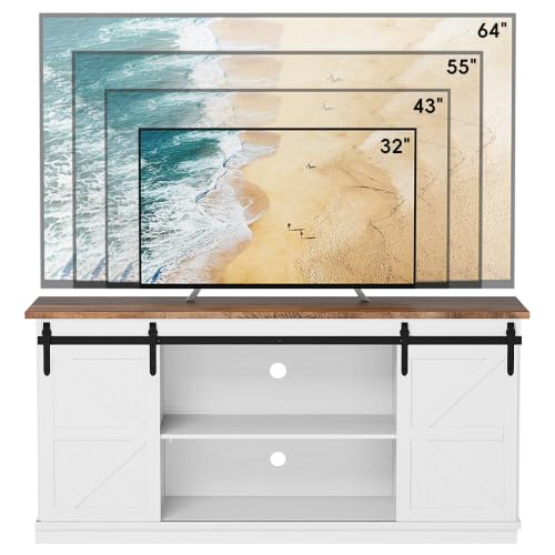 Image of JUMMICO TV Stand for 65 Inch TV, Sliding Barn Doors, White