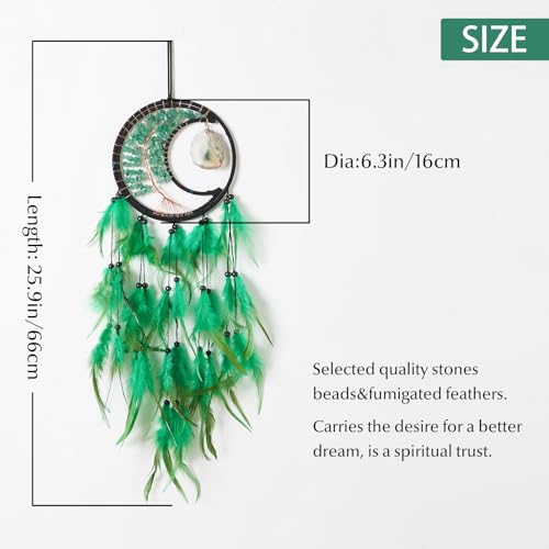 Dreamlike Moon Dream Catchers Wall Decor Crescent Tree of Life Chakras Dream Catcher with Agate & Crystal Stone Handmade Green Feather Dreamcatchers Wall Hanging for Girls Bedroom Blessing Gift - Image 3