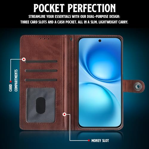 Image of WOW IMAGINE Shock Proof Flip Cover Back Case for 1+ OnePlus Nord CE 5 5G (Magnetic Button Flip Case | Wallet Pockets & Stand | Leather Finish | Coffee)