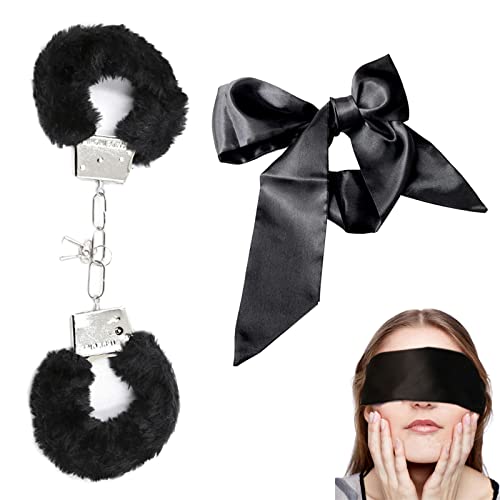 DMQ Metal Handcuffs with 2 Keys Fluffy Handcuff Satin Eye Mask Handcuffs for Women Cosplay Handcuff Prop Dress Ball Party Satin Headband for Sleeping Games Valentines Gift (Black)