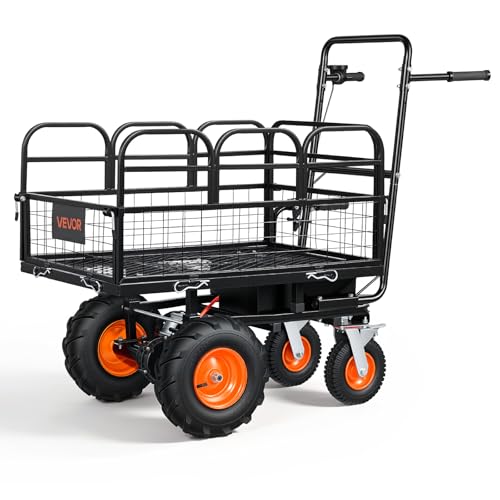 VEVOR Carro de Jardín Eléctrico 500W Capacidad de Carga 300 kg con 4 Ruedas, Carretilla Eléctrica Todoterreno con Freno, Mango Flexible, Barandillas Ajustables, Estructura de Acero, para Patio Campo