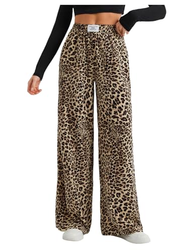 Image of RoseSeek Women's Letter Leopard Print Y2K Straight Elastic Waist Leg Pants | Cheetah Print, Straight, Baggy Loose Fit, Slant Pocket, Streetwear, Vintage, Graphic Trousers