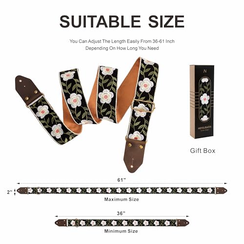 Image of Nefelibata Guitar Strap,Crazy Horse Leather Jacquard Embroidery Cotton Guitar Straps for Bass, Electric & Acoustic, Best Gifts for Guitarists(Retro White Petals)