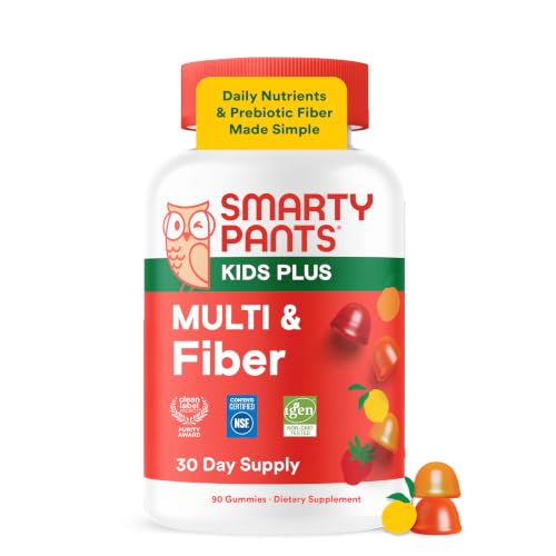 SmartyPants Kids Multivitamin & Fiber Gummies: Prebiotic Fiber to Support Kids Digestion with Vitamin D3 C Vitamin B12 B6 A Zinc Biotin Folate Three Fruit Flavors 90 Count (30 Day Supply)