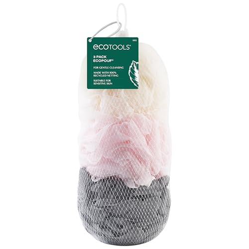 Ecotools Delicate EcoPouf (3-Pack) - Synthetic Mesh, Exfoliating Loofah - Multicolor Recycled Netting