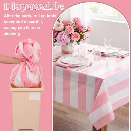 Image of 3 Pack Pink Striped Tablecloth, 54 x 108Inch Pink and White Striped Tablecloth Pink Carnival Theme Party Decorations Waterproof Plastic Table Cloth for Birthday Picnic Baby Shower Wedding Halloween