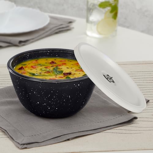 Image of Borosil 750ml Serving & Mixing Bowl with Lid | Made in India Borosilicate Glass Bowl for Kitchen & Dinning | Bowl for Mixing Dough, Salad, Batter | Microwave & Dishwasher Safe (Pebble Black)