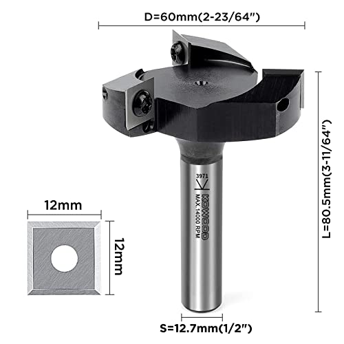 Cnc Spoilboard Surfacing Router Bit, 1/2'' Shank, 2-23/64'' Cut Dia, 15/32'' Cut Length, 3 Wings, Professional Woodworking Spoilboard Insert Carbide Bit By Kowood #TOP1