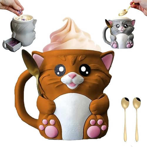 The Cat Ice Pint Holder – Cute Cat-Themed Ice Cream Pint Stand, Holds 473ml/16oz Ice Cream, Includes 2 Spoons, Fun Table Decoration, Gift for Cat Lovers, Party & Home Accessory (A)