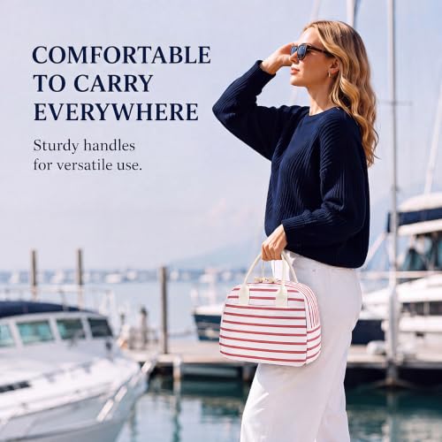 Image of LOVELYWIND Lunch Box for Women, Insulated Lunch Bag, Pink Stripe Tote