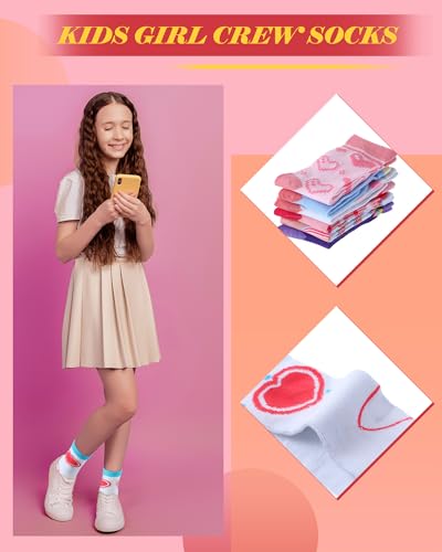 16 Pairs Socks for Girls Kids Pink Crew Cotton Socks with Stripes Hearts Soft Casual Athletic 6-10 Years Crew Sock for Girl4