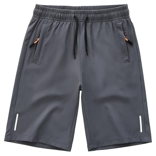 SHOOYING Pacote com 3 shorts esportivos de secagem rápida para meninos, Cinza escuro/preto, 11-12 An