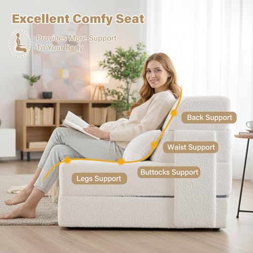 Image of Tiita Convertible Folding Sofa Bed Mattress with Pillow & Side Pocket, Plush Fabric Floor Mattress Couch Bed, Washable Cover, Twin Size, Beige