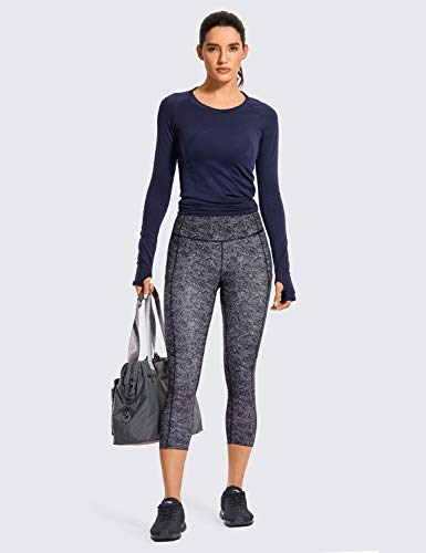 CRZ YOGA Women's Seamless Athletic Long Sleeves Sports Running Shirt Breathable Gym Workout Top Navy-Slim Fit S