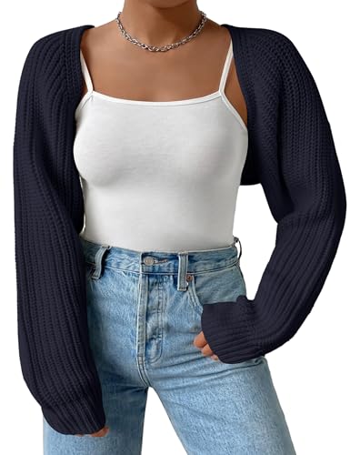 Image of Plus Size Women's Long Sleeve Open Front Crop Cardigan Drop Shoulder Shrug Oversized Ribbed Knit Bolero Sweater