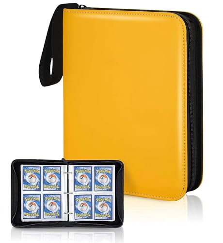 Trading Card Binder 4 Pocket,400 Pockets Card Binder for Pokemon Cards with Zipper,50 Sleeves Card Holder Compatible with Standard Card,Sport Card-Gift for Boy and Girl (4-Pockets, Yellow)