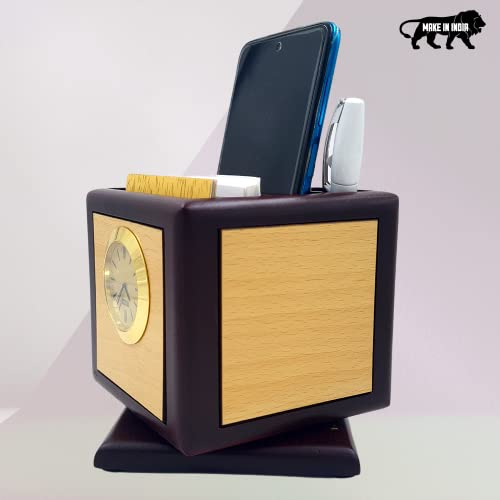 Image of Revolving Stylish Pen Stand for Office Table with Clock, Wooden Pen Holder with Mobile Holder, Wooden Desk Organizer, Office Pen Stand with Compartment, Office Table Accessories Office Gift Item
