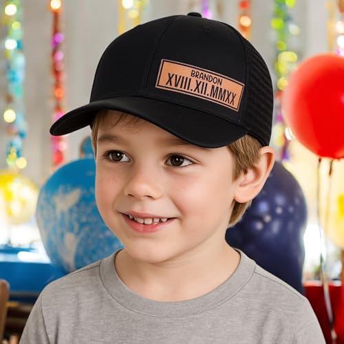 Custom Kids Hat with Name and Roman Numeral Date, Personalized Trucker Cap for Boys, Toddler Birthday or Milestone Gift, Adjustable Youth Hat Black2