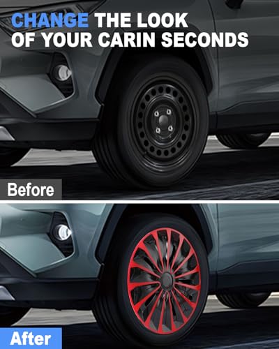 Image of ABX Hubcap Wheel Covers Hub Caps 15 Inch Set of 4 Black & Red Universal Wheel Rim Cover R15 Stylish Car Decor Wheel Covers for Toyota Camry Nissan Mazda (TT Black & Red, 15 inch)