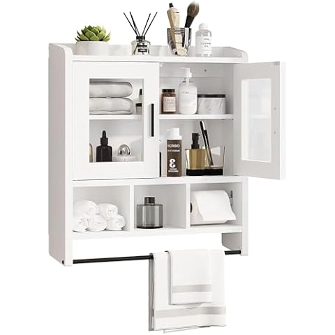PETKABOO Small Bathroom Storage Cabinet Wall Mounted, Bathroom Wall Cabinet with Towels Bar, Medicine Cabinet with Doors and Adjustable Shelves, Bathroom Cabinet Wall Mounted, Over Toilet Cabinet Cover