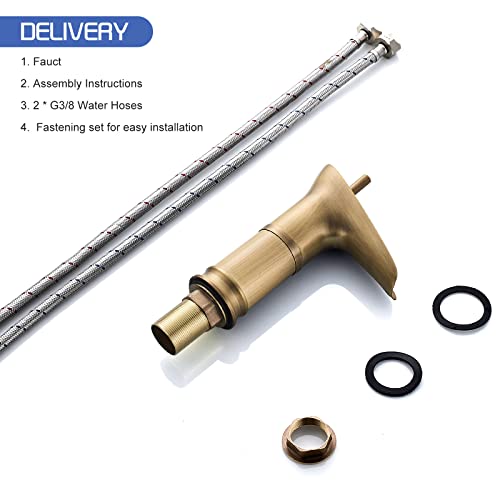 ROWINNAO Wasserfall Wasserhahn Bad Antik Messing, Kurz Waschtischarmatur Bad Retro Gold, Einhebel Badarmatur Mischbatterie Waschbecken Kaltes und Heißes aus Messing, Waschbeckenarmatur G 3/8”