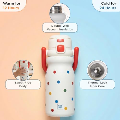 Image of Mee Mee Hydro Flow 500ml Leakproof Insulated Water Bottle for Kids | SS316L Stainless Steel | 24H Cold & 12H Warm | Leakproof Straw Sipper | BPA-Free School Bottle with Strap