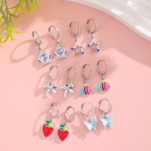 16 Pairs Hypoallergenic Earrings for Little Girls Kids Teens Sensitive Ears Silver Huggie Hoop Earrings with Charm CZ Heart Flower Butterfly Animal Cute Small Dangle Hoop Earrings Set4